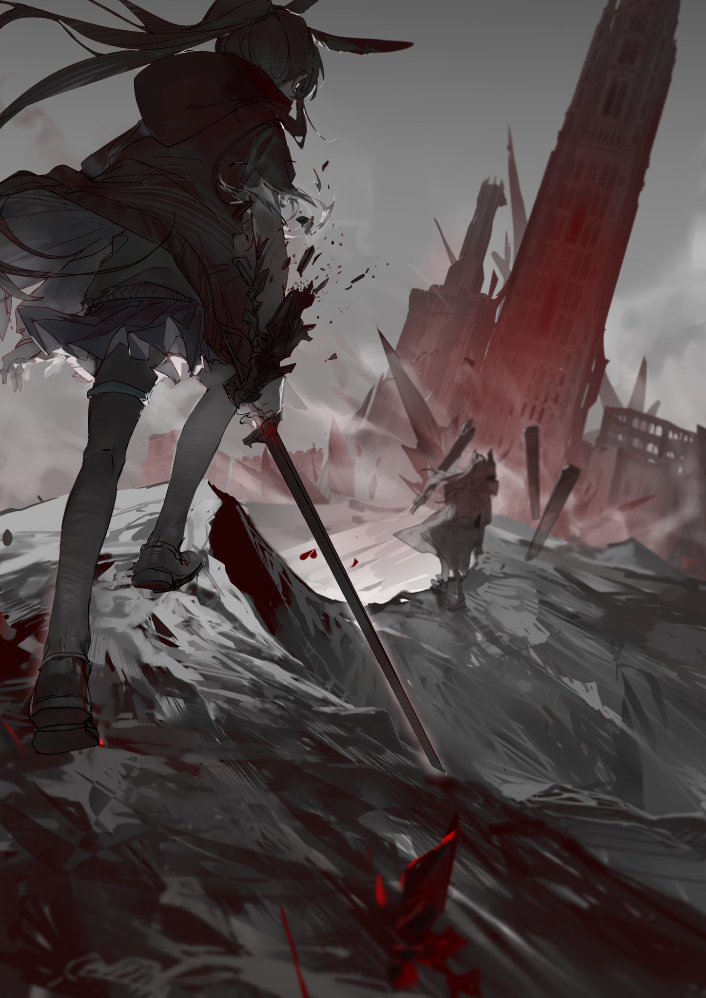 an animestyle girl stands on a rocky landscape holding a sword. the scene has a dark and monochrome color scheme with splashes of red, resembling blood. a ruined building looms in the background, suggesting a dystopian or fantasy setting. another figure stands farther away on the landscape.