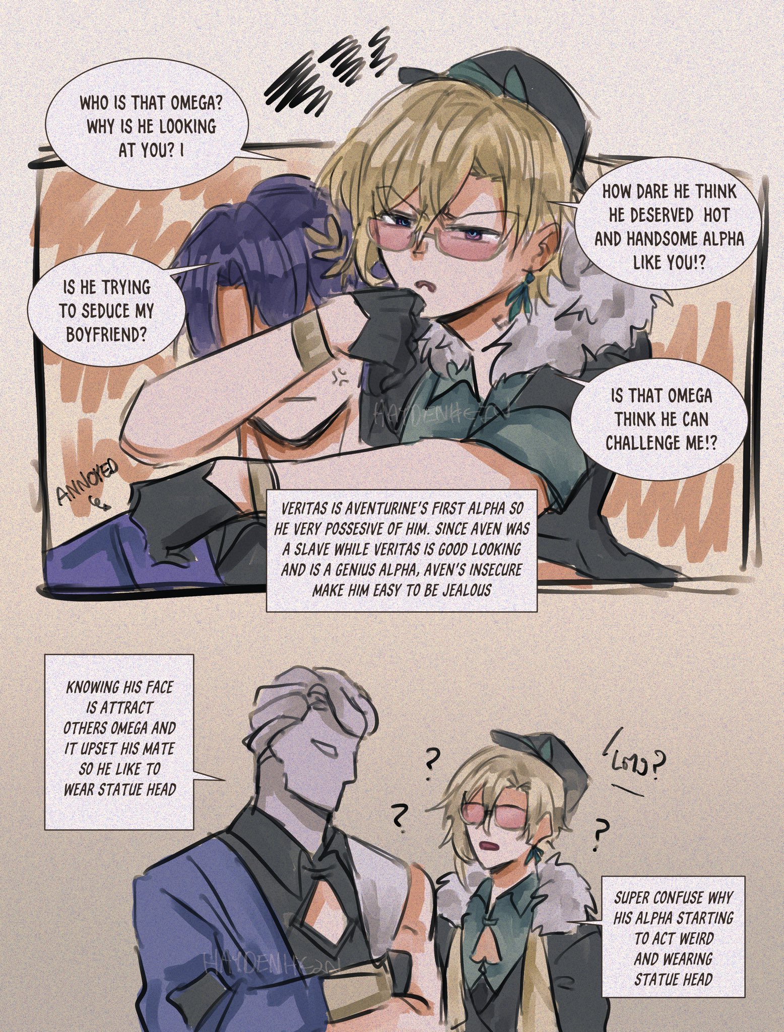 this is an image of a comic panel with three characters.  the characters appear to be in some kind of romantic drama and appear to be having a conversation about jealousy and insecurity.  the character in the center appears to be upset with his partner, who appears to be flirting with another character.  the art is drawn in a mangastyle with a digital art style.