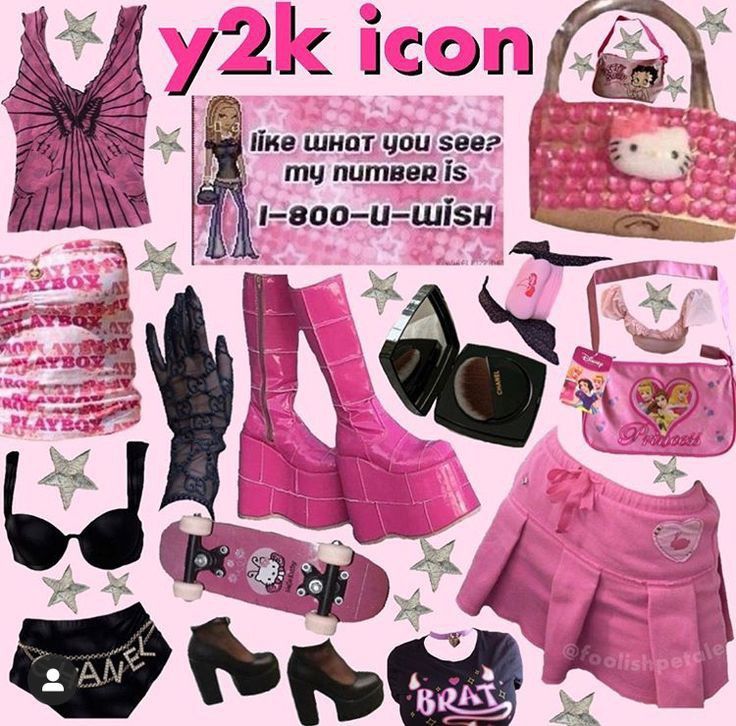 this image is a digital collage showcasing a y2kinspired aesthetic.  the collage features a variety of pink clothing and accessories, including platform boots, a hello kitty purse, a playboybranded top, a pink skirt, black lace gloves, a chanel compact, and other items common in the early 2000s fashion scene.  the overall style is very girly and emphasizes bright colors and playful details. a humorous phone number "1800uwish" is included as a playful element of the design.