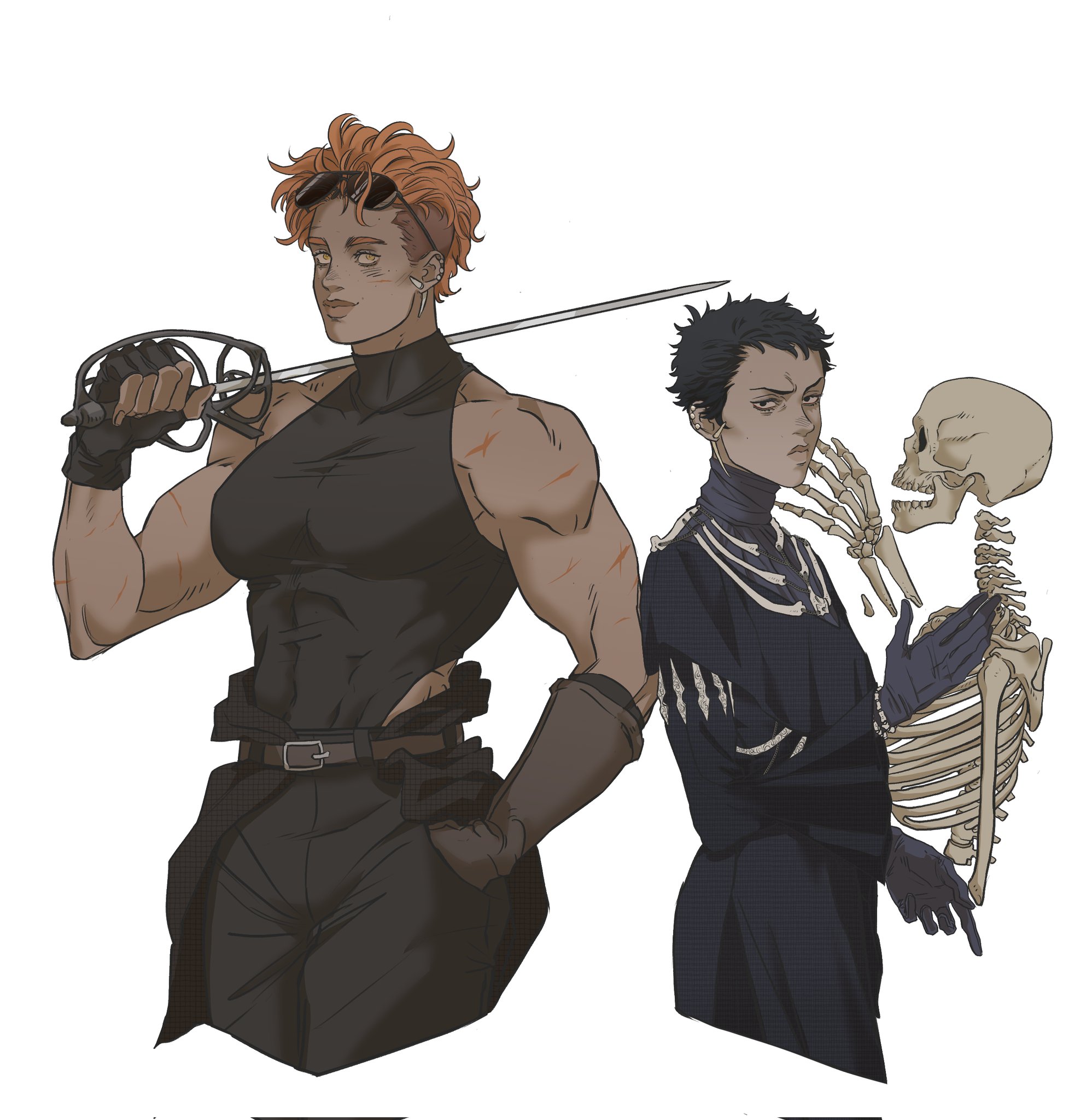 the image features two distinct figures: a muscular woman on the left and a darkhaired person next to a skeleton on the right. the muscular woman is wearing a black tank top and dark pants with a belt, holding a rapier in her gloved hand. she has cropped, reddishbrown hair, sunglasses perched on her head, and several scars on her body. her expression is serious and focused. to her right, a darkhaired person is standing next to a human skeleton, touching its skull with a gloved hand. they are dressed in dark clothing with a high collar. the background is a plain white, drawing all attention to the characters. the artwork is likely a digital illustration, possibly from a fantasy setting.
