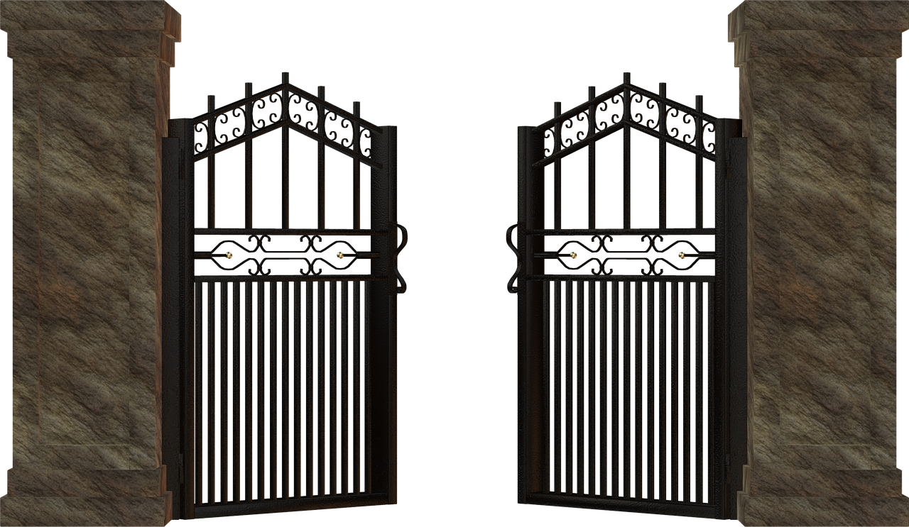 an open wrought iron gate is flanked by two stone pillars against a black background.