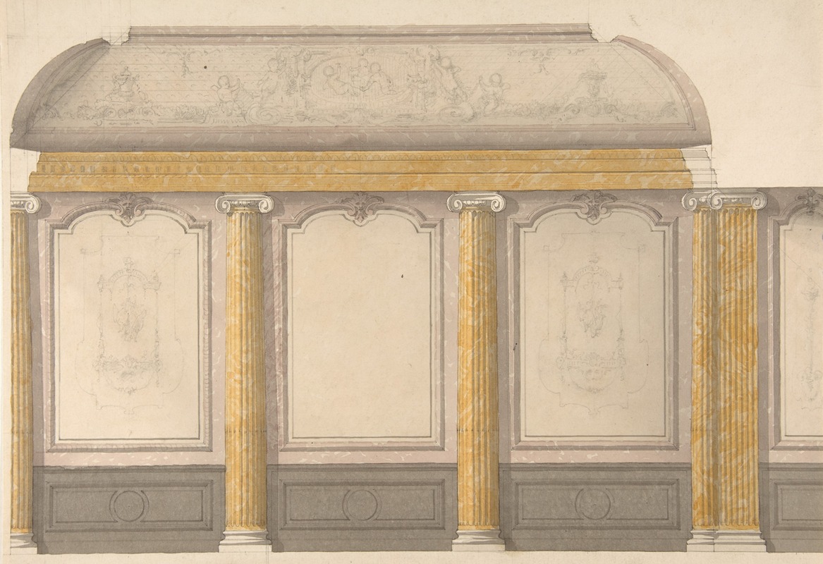 an architectural drawing shows a classical interior wall design with columns, paneling, and ornamentation. there are columns with corinthian capitals, framed wall panels, a baseboard with circular decorations, and an ornate cornice or frieze. the drawing is in a sketching style with light colors and some watercolor washes.