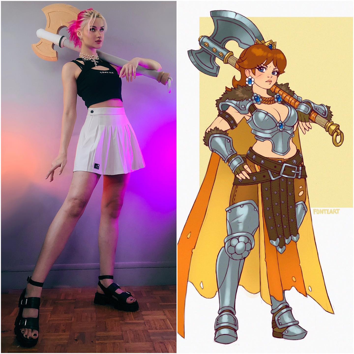 the image is a split view. on the left is a photograph of a young woman cosplaying as a warrior version of princess daisy from the super mario franchise.  she's wearing a black tank top, white pleated skirt, platform sandals, and has a large axe slung over her shoulder. her hair is styled with pink highlights. on the right is a digital illustration or fanart depicting princess daisy in a similar warrior outfit, complete with metallic armor, a cape, and an axe. the illustration shows daisy in a more stylized, cartoonish manner than the cosplay photo. the two halves of the image provide a direct comparison between the cosplay and its artistic inspiration.