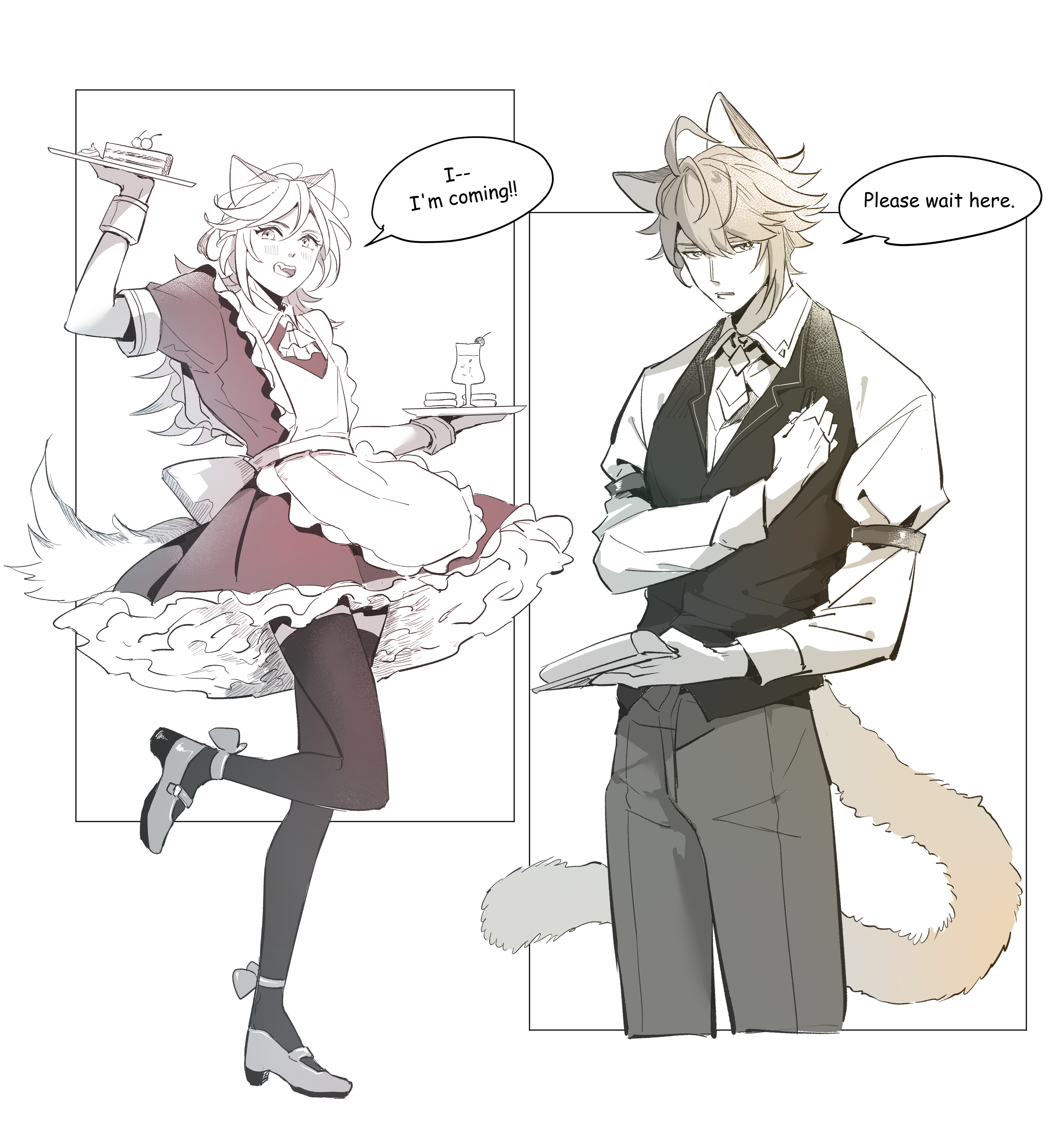 the image features two anime characters. the character on the left is a female anime character with cat ears and tail. she is wearing a maid outfit. the character on the right is a male anime character with cat ears and tail. he is wearing a suit. the two characters are drawn in a style that is common in anime and manga.  the female character has a plate with a dessert and is holding a tray with a drink. the male character has a plate with a dessert and is holding a tray with a drink. both characters look friendly and approachable. the scene is set in a tea party setting. they are in a  white, boxlike setting with black borders around them.