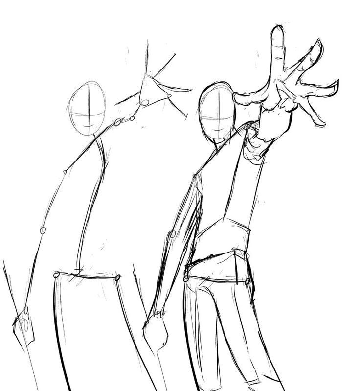 a simple sketch of two figures standing next to each other. the one on the right is reaching their arm out with their hand open. both have circular shapes for heads.