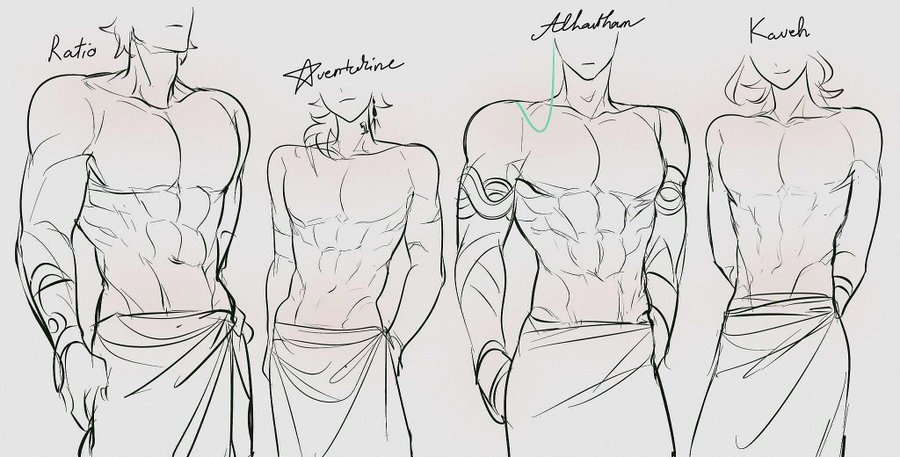 the image contains four sketches of male torsos, each with varying levels of muscle definition and body proportions.  the sketches are labeled with names: "ratio," "aventurine," "alhaitham," and "kaveh."  they're presented sidebyside for comparison, showing different styles of musculature and body types. the style is reminiscent of character design sketches, perhaps for a video game or animation project. the lines are loose and expressive, focusing on form and anatomy rather than detailed rendering.  each figure is wearing a simple wrap or loincloth around the lower body.  a light peach tone is subtly used to indicate skin undertones on some of the figures.