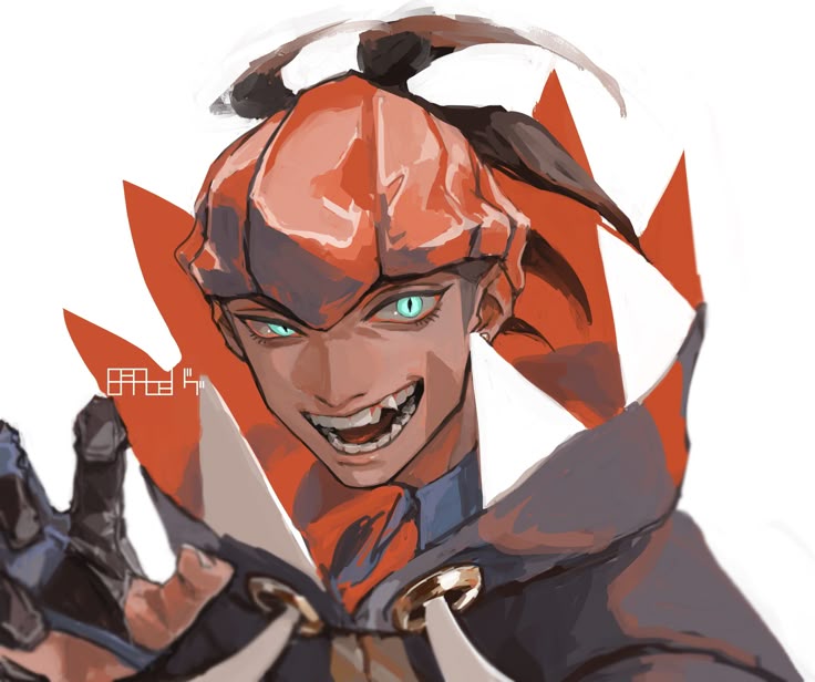 a digital art painting of a male vampire with orange hair, fangs, and piercing, glowing green eyes. he has a sinister grin and a clawed hand outstretched. he's wearing a cloak with red and white accents. the style is fantasy and monsterthemed.