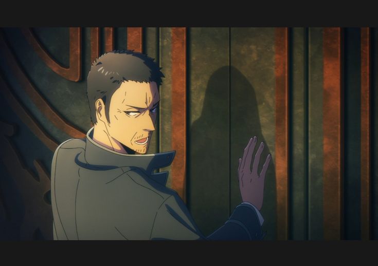 a screenshot from an anime features a man with short dark hair and a goatee looking back over his shoulder. his hand is on a large metal door with ornate carvings. the scene is lit dramatically from the side.  the color palette is muted browns and grays.
