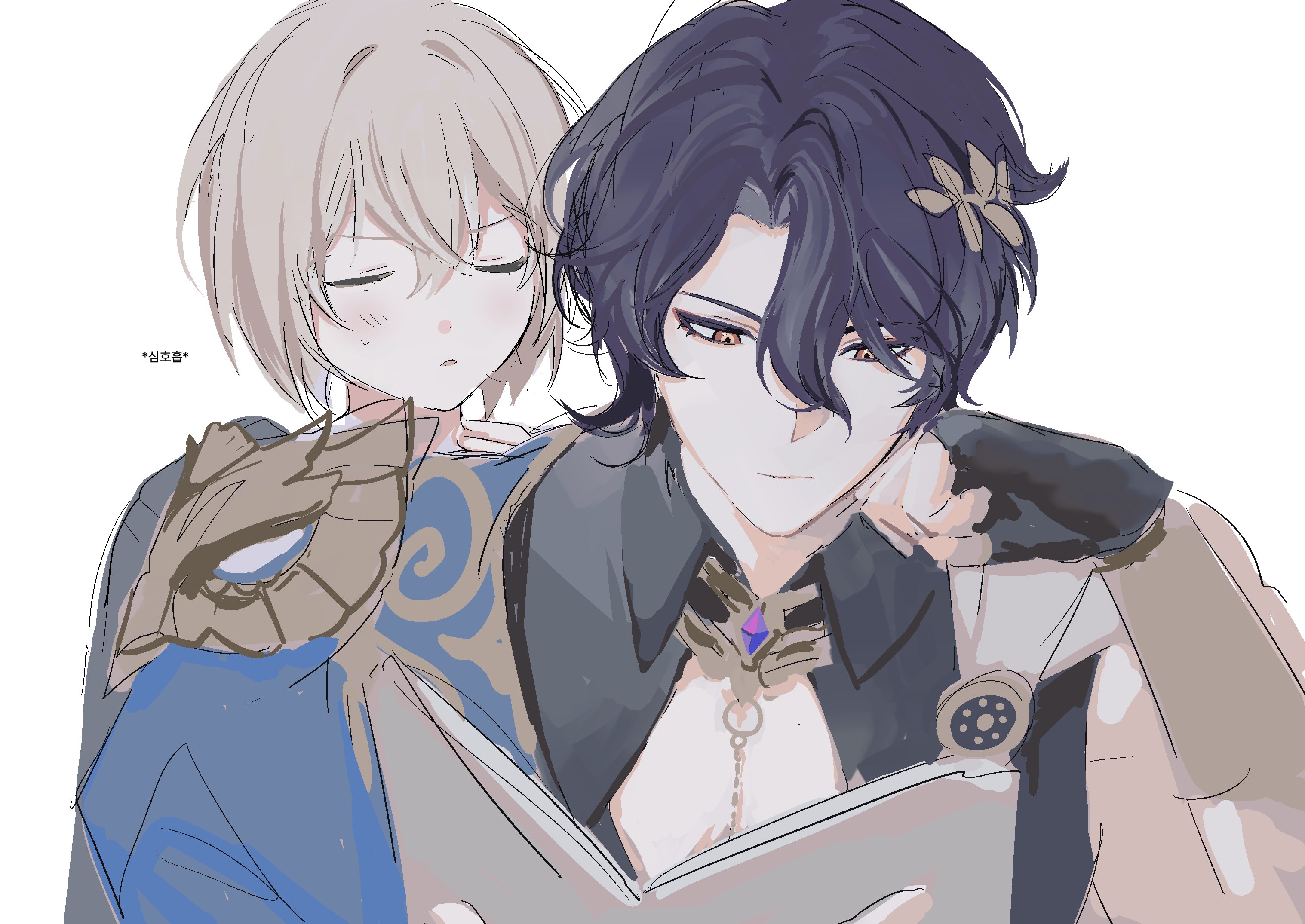 the illustration features two young men in a warm and affectionate embrace. the taller man with dark purple hair has a gentle smile as he reads a book to his partner. the shorter man with blonde hair leans against his shoulder, resting his head on the reader's chest. they both appear very comfortable and happy in each other's company. the image radiates a sense of affection, intimacy, and companionship.