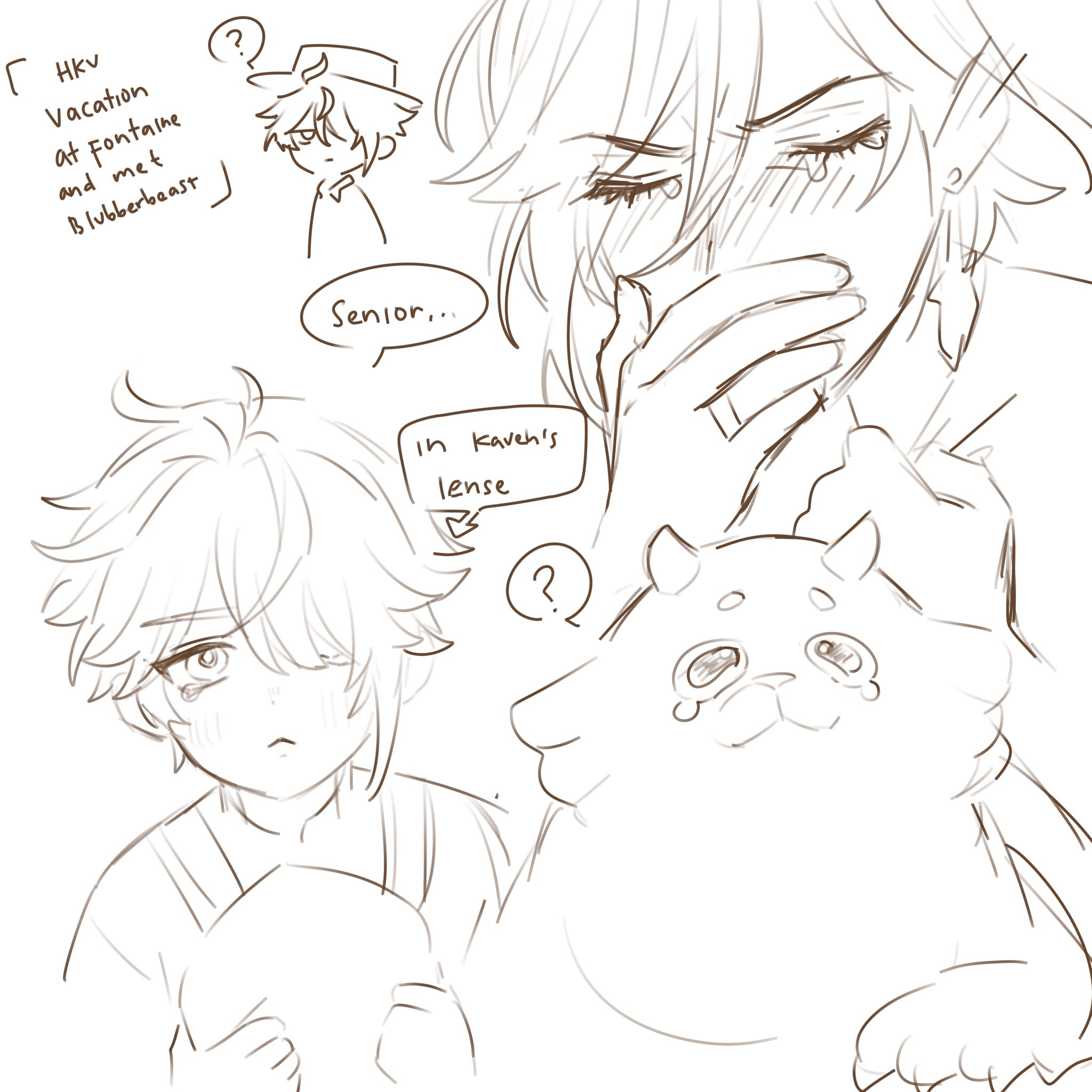 the image is a simple line drawing of two anime boys. the boy on the left is crying while the boy on the right is holding him and trying to comfort him. the drawing is in a soft, delicate style and conveys a sense of friendship and support. the boy on the right is holding a small furry animal. it appears to be a plush toy or a small pet. the animal is also drawn in a simple, cute style and is looking up at the boy. there is a speech bubble above the boy on the right's head that says "in kaveh's lens". the boy on the left has a speech bubble above his head that says "senior...". the background of the image is white. the image is a simple but heartfelt depiction of friendship and comfort. the characters' expressions are soft and gentle, and the overall tone of the image is calm and reassuring. it suggests a close relationship between the two boys.