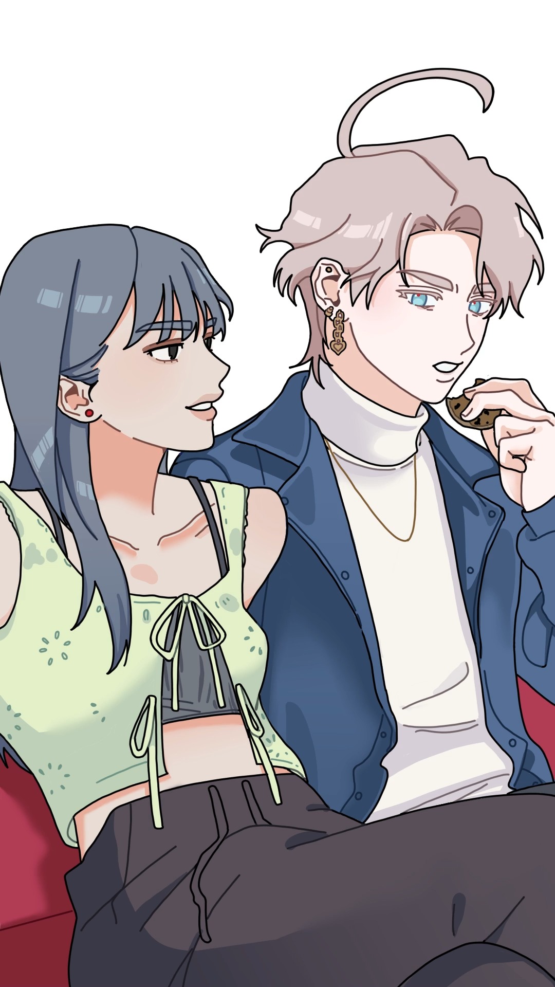 the image is a digital drawing of a young animestyle couple sitting close together on a couch. the girl has dark blue hair and is wearing a light green top and dark grey pants. the boy has light blonde hair and is wearing a blue jacket, white shirt, and dark grey pants. he is eating a cookie. they appear happy and comfortable with each other. the style is reminiscent of webtoons or manhwa.