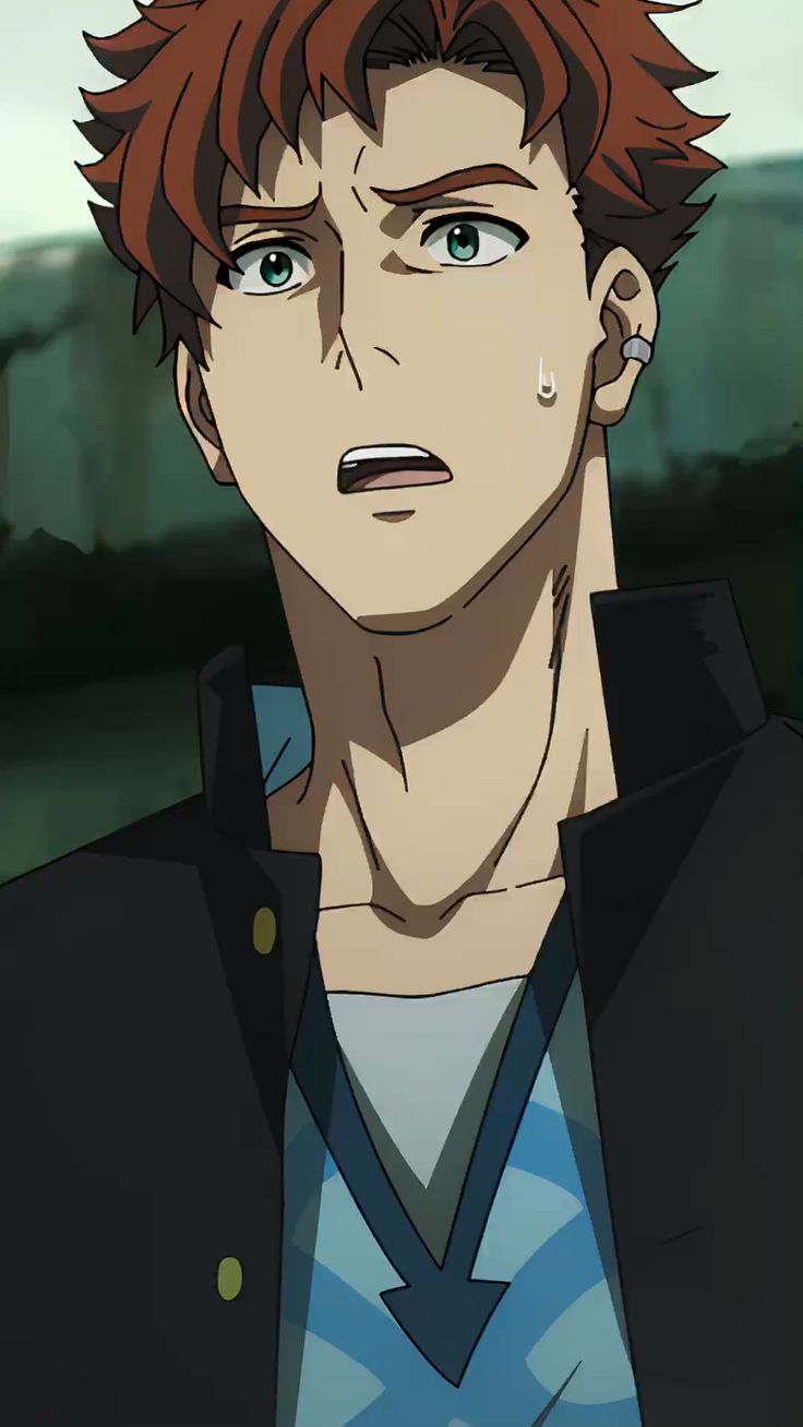 a closeup portrait of a young anime man with brown hair and green eyes. he has a concerned or surprised expression with his mouth slightly open and eyebrows raised. he wears a black jacket with gold buttons over a blue and white vneck shirt. he also has a small earring on his left ear. the background is out of focus and appears to be an outdoor setting during the day.