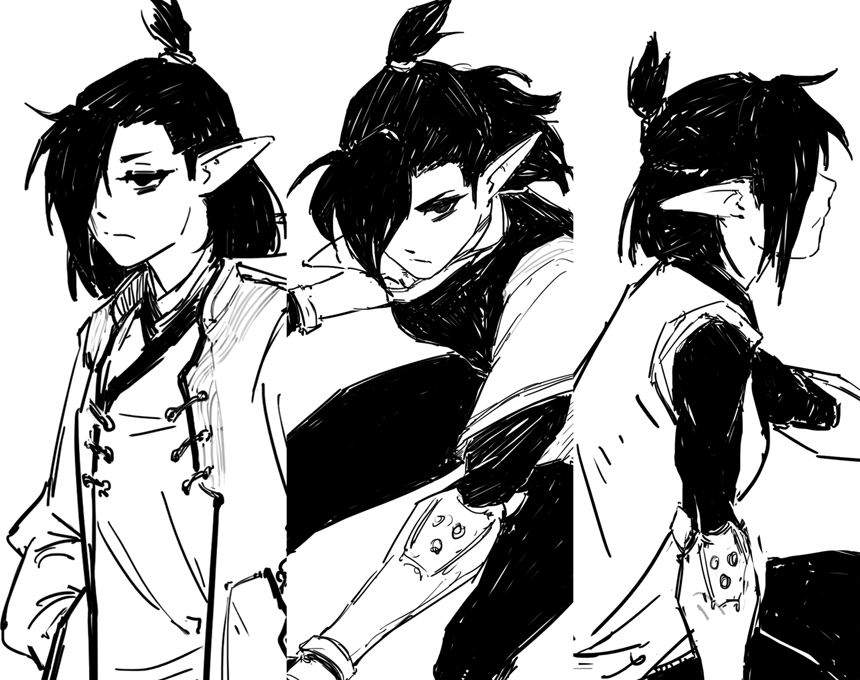 a black and white sketch depicting three anime/mangastyle characters. they appear to be elves, possibly of the same family or closely related, with similar features like pointed ears and hairstyles involving topknots or buns.  their clothing blends fantasy and possibly cyberpunk elements—one character is in a more traditionallooking coat, while others have more futuristiclooking arm pieces. the style is loose and expressive, characteristic of concept art or character design sketches.  the characters are shown in different poses, suggesting a dynamic interaction or storytelling potential.