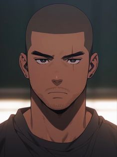 this is a closeup illustration of a man with a buzz cut and a scar over his right eyebrow. he has a serious expression on his face. the background is a dark color.