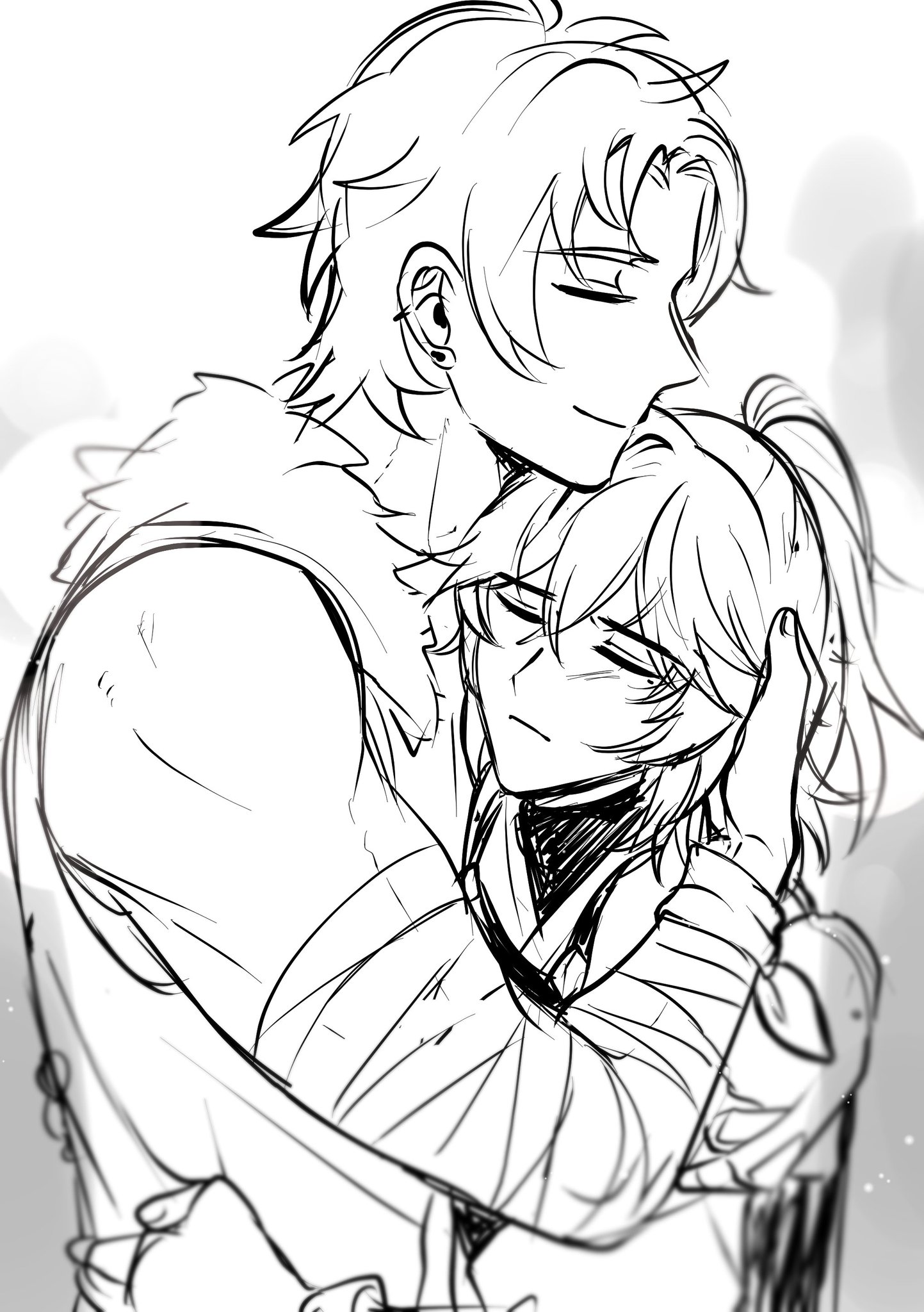 a black and white illustration of an anime couple hugging. they are both smiling and look very happy. the man is holding the woman close to him and she is resting her head on his chest. their expressions are full of love and affection. the drawing is done in a simple style, with just a few lines to capture the emotion of the scene.  the background is a simple white, which helps to focus the attention on the couple. this image is a beautiful representation of love and affection.