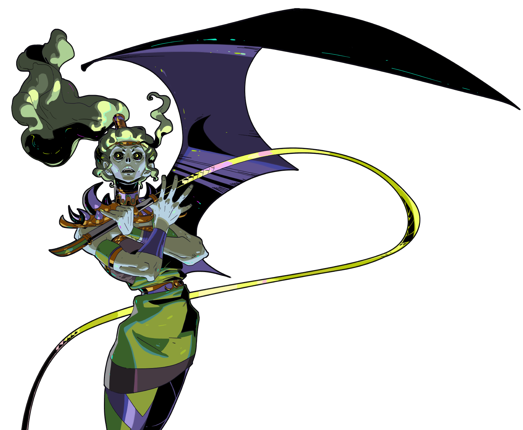 this illustration depicts a greenskinned female demon character with a whip in her hand and large, black wings. her expression appears mischievous and menacing, her horns are curved and pointed, and her hair is long and green. she is floating in the air, suggesting supernatural powers. the overall style of the artwork is detailed and vibrant, with a focus on the character's sharp features and powerful presence.