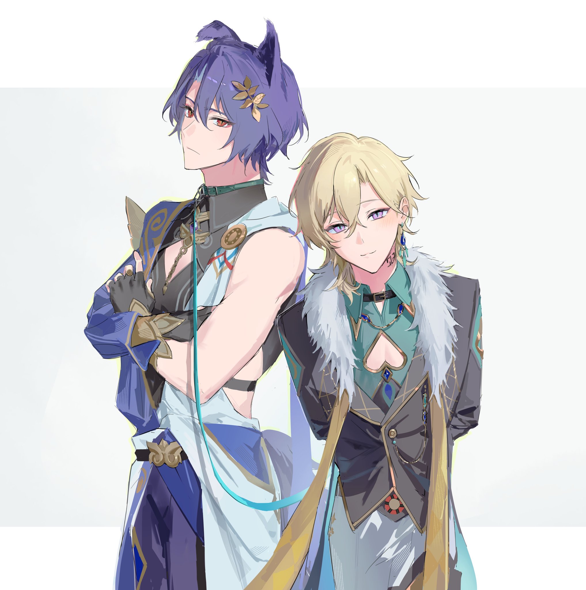 the image is a piece of fanart depicting two male characters from the video game genshin impact.  the character on the left has purple hair with foxlike ears, and is dressed in a vibrant, somewhat revealing outfit incorporating shades of blue and purple. the character on the right has blonde hair and is wearing a more formal, gray and teal outfit with a fur trim.  both characters appear to be friendly and are standing close together. the art style is animeinfluenced, with soft shading and a focus on expressive character designs. the background is a simple, lightcolored gradient. the overall tone of the image is serene and pleasant.