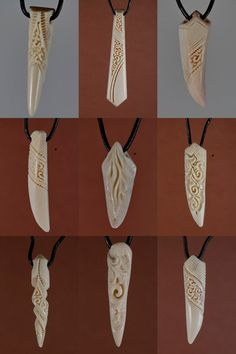 the image displays a collection of nine ivorycolored pendants hanging from dark cords against a brown backdrop. each pendant is uniquely carved with tribal or ethnic patterns and various shapes, including toothlike designs, elongated shapes, and spiraled forms. the image highlights the intricate craftsmanship and diversity of the designs.