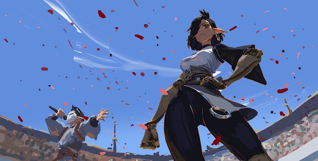 the digital painting showcases a dynamic scene, likely from a fantasy setting. the focal point is a confident, stylish female elf character with pointed ears and dark short hair, dressed in a mix of dark and light clothing. she stands in a large arena, which is filled with a crowd of spectators, and a singer is performing on stage below her. confetti rains down on them, adding a celebratory feel. the sky is bright blue, contrasting with the earthy tones of the arena and the more vibrant colors of the character's clothing. the overall style is painterly, with loose brushstrokes giving it a slightly impressionistic feel. the low angle shot and dynamic perspective create a sense of action and excitement.