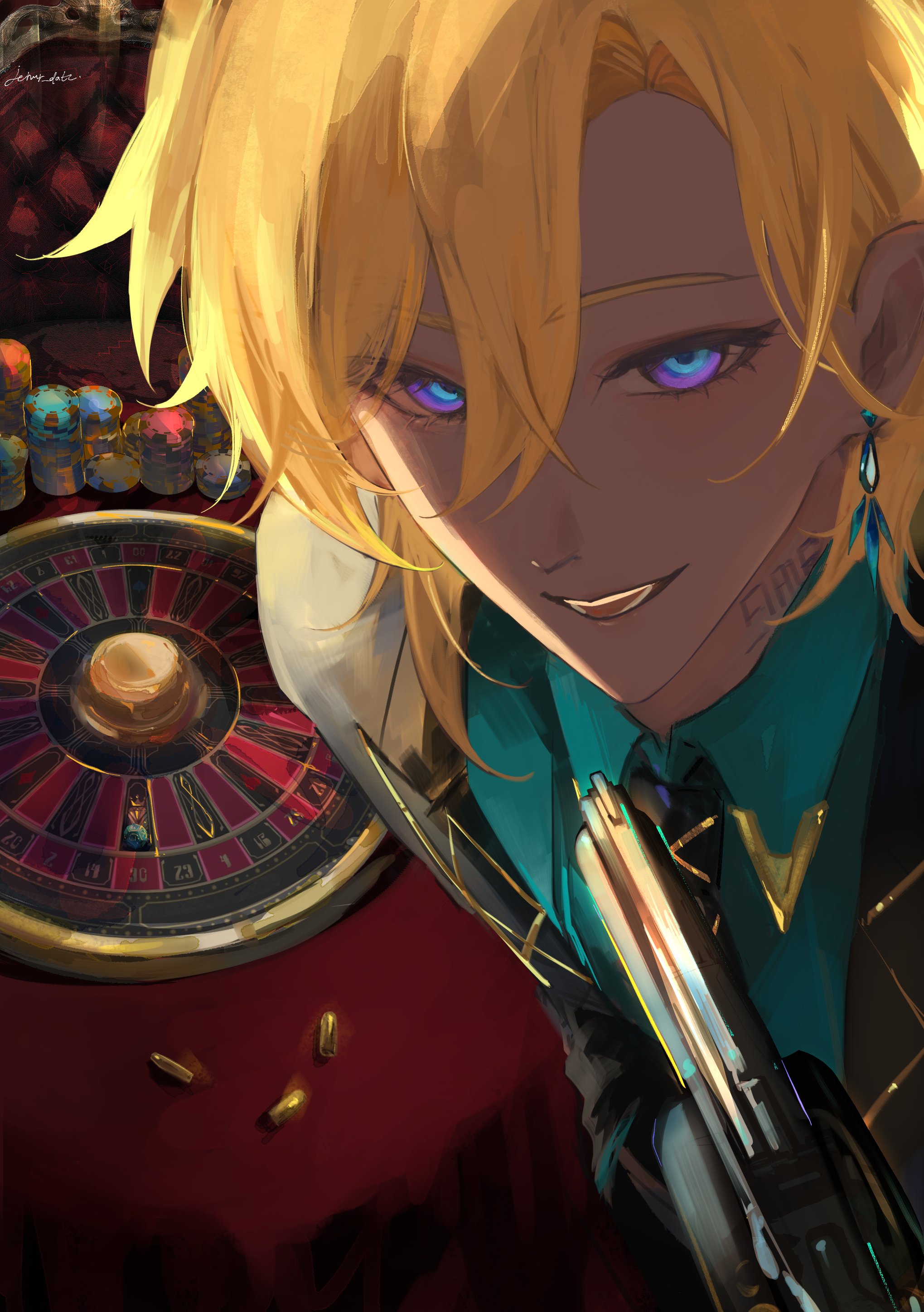 the image depicts an anime male character with blond hair and blue eyes. he is wearing a suit and tie, and is holding a gun. he is standing at a casino table with a roulette wheel and poker chips in the background. he has a smirk on his face and a confident look in his eyes. he is surrounded by luxury and wealth, and his appearance suggests that he is dangerous and involved in criminal activity. the image is dark and moody, creating a sense of intrigue and suspense.