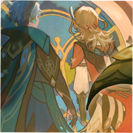 the image features three animestyle characters from the popular game genshin impact. the characters are standing in front of a circular window with a blue and yellow background. the characters are wearing colorful clothes and have detailed hairstyles. the scene is filled with vibrant colors and whimsical details, creating a captivating visual experience. the characters are likely in a fantasy setting, as evidenced by the fantastical attire and the ornate window surrounding them.