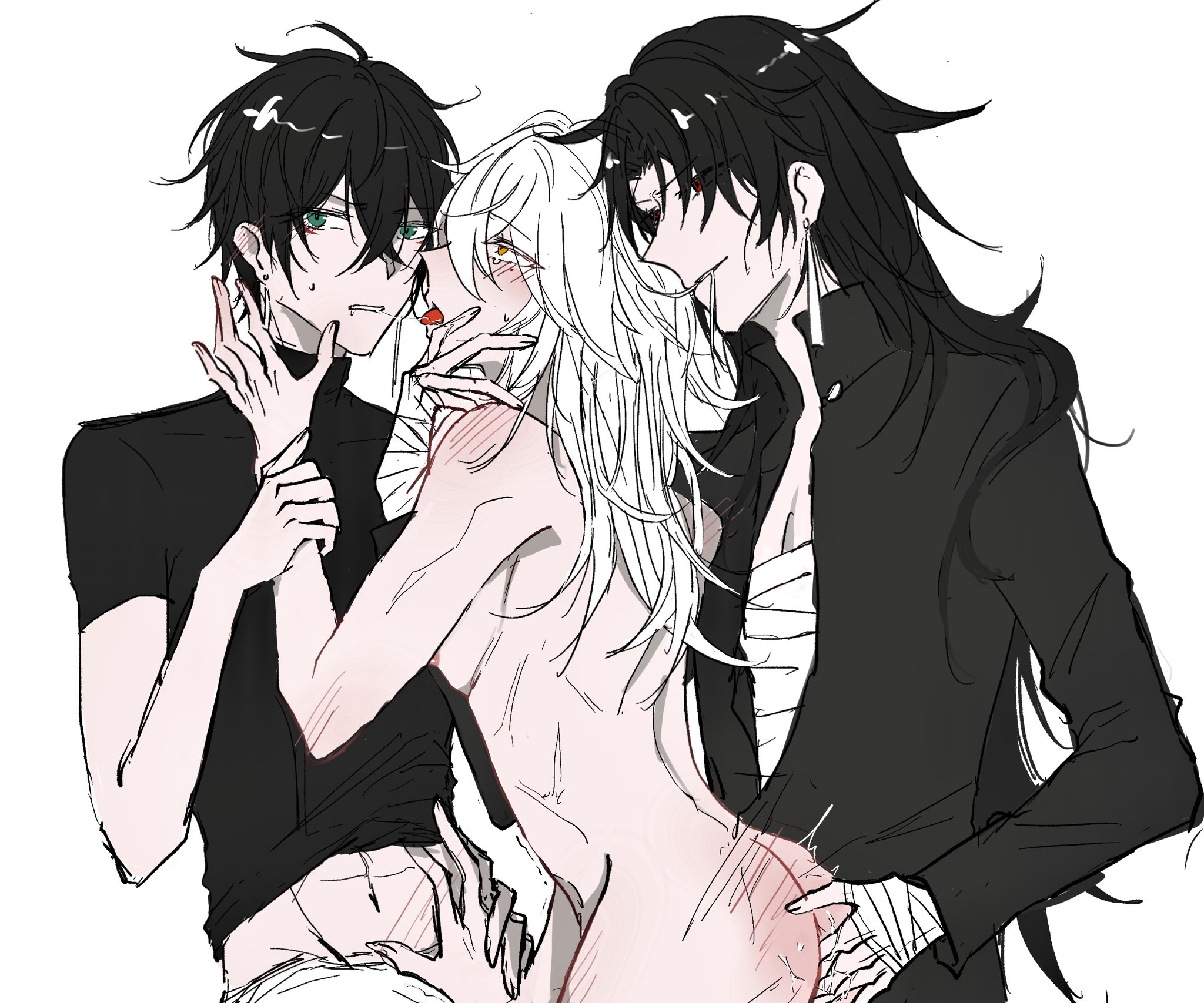 this anime illustration depicts three men, two with black hair and one with white hair, in a romantic and affectionate scene. they are close together, hugging and seemingly kissing, with a focus on the two men in the foreground. the image exudes a sense of intimacy and love. the men are drawn in a stylized anime style, with dramatic hair and expressive features. they are all dressed in casual clothing, with one of the men wearing a black shirt and the other two appearing shirtless.