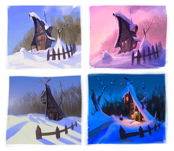 the image showcases four variations of a charming, snowcovered cabin nestled in a snowy landscape. each variation captures a different time of day and lighting, from the crisp blue hues of daylight to the warm glow of sunset and the deep blues of night. a wooden fence partially surrounds the cabin, and bare trees peek from the background, adding to the wintry atmosphere. the overall impression is one of peacefulness and seclusion.