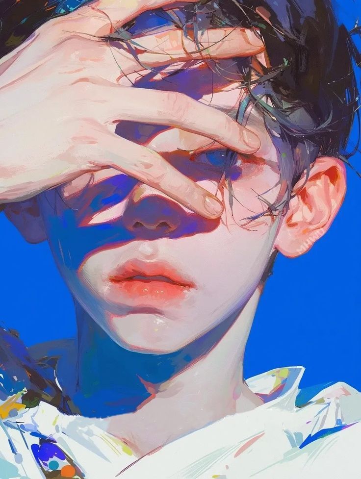 this is a digital art portrait of a young man with his hand partially covering his face. the style is reminiscent of anime or manga, with large eyes and delicate features. the background is a vibrant blue, contrasting with the subject's white shirt. the painting has a colorful and expressive feel, with visible brushstrokes and a focus on light and shadow.