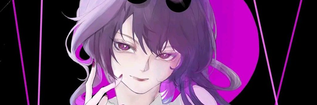 a digital illustration of a female anime character. she has long, flowing purple hair, and her eyes are a vivid shade of purple. the character has a subtle smile, and her expression is inviting and mysterious. the background is a dark black, with a large pink circle in the background. the illustration is in a vibrant, bold style.