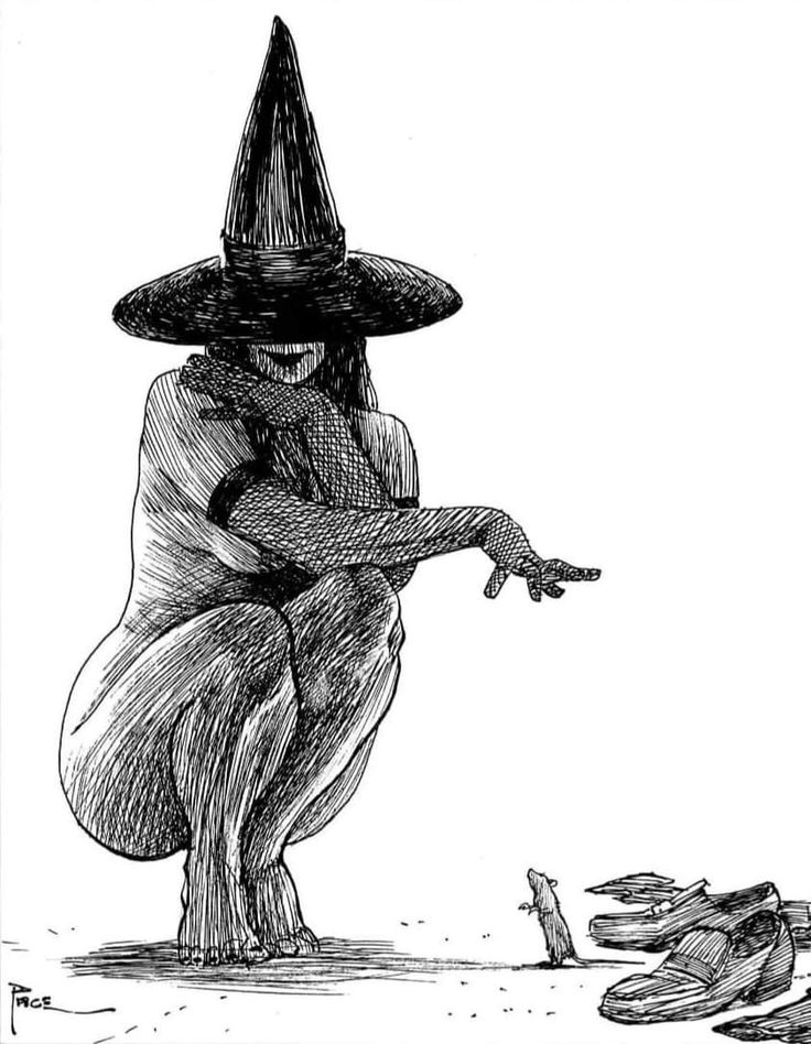 the image is a detailed pen and ink illustration of a large, nude witch crouching down. she is wearing a large, pointed, widebrimmed hat and what appears to be a fishnet or lacy garment over her chest. her posture and expression suggest a commanding presence.  in front of her, in stark contrast to her size, is a small mouse or rat and several discarded shoes on the ground. the drawing style is dark and expressive, with strong contrasts and textural details in the shading. the scene is suggestive of fantasy or dark fairy tale themes. the overall effect is both intriguing and slightly unsettling due to the scale disparity between the witch and the small creature.