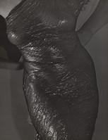the image is a closeup black and white photograph of a woman's torso. she is wearing a dress with a heavily textured, almost sculptural surface. the fabric appears wrinkled and draped, creating a series of folds and shadows that play with light and dark.  the photograph has a strong artistic feel, focusing on the texture and form of the dress and the woman's body, rather than precise detail. the overall mood is sensual and mysterious.
