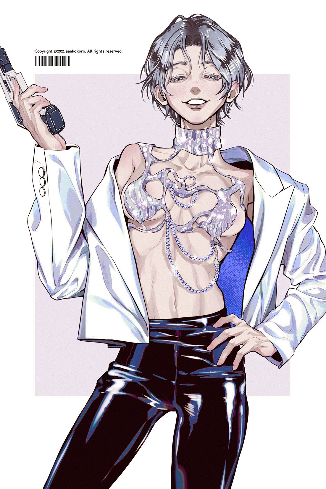 this illustration depicts an anime girl holding a gun. she is wearing a white jacket with a white top underneath. the top is very intricate and detailed with intricate silver chains. she is also wearing black pants. the background is white.
