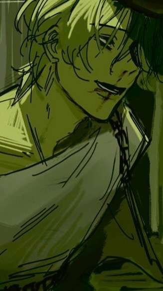 a stylized portrait of a young man drawn in a painterly style. he has messy blond hair and noticeable scars on his face, with traces of blood visible around his mouth. the lighting is dramatic, highlighting his sharp features and intense gaze. he wears a loose, offtheshoulder garment and a chain is draped across his chest. the overall atmosphere is dark and suggestive.