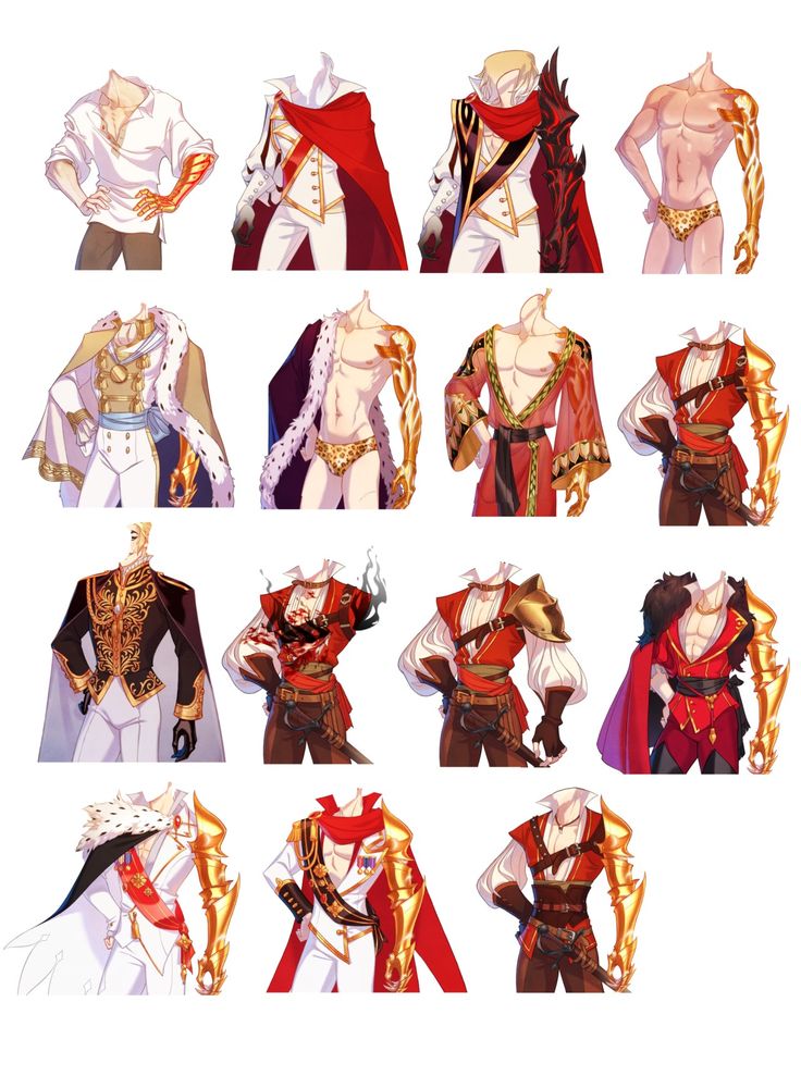 this image features 16 male characters with different costumes and styles. the characters are mostly wearing red and gold, with some featuring white and black as well. the characters are styled with different accessories like armor, capes, and swords. there are also some pirate costumes and king costumes in the image. the art style is anime and the characters are illustrated in a handsome and dynamic way.