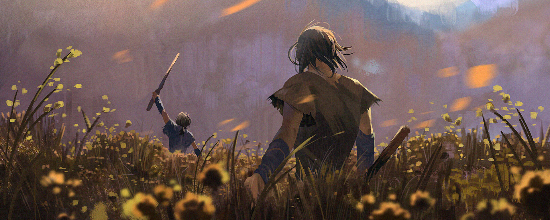 a man and a woman stand in a field of tall grass, facing each other. the man holds a weapon in his hand, and the woman has a sword in hers. both are warriors and appear to be in combat. the sun is setting in the background, casting a warm glow over the scene. the image is filled with action and adventure, and it is clear that a fight is about to break out. the art style is painterly and expressive, giving the scene a sense of drama and intensity.