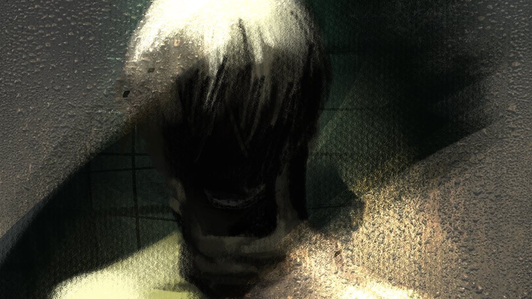 the image shows a grainy, lowlit painting of the back of a man's head and shoulders. the setting appears to be a bathroom, with dark green tiles visible in the background. the man's hair is white on top and dark in the back. the overall mood of the image is dark and mysterious, evoking feelings of loneliness and isolation. the grainy texture and limited color palette contribute to the somber and contemplative atmosphere.