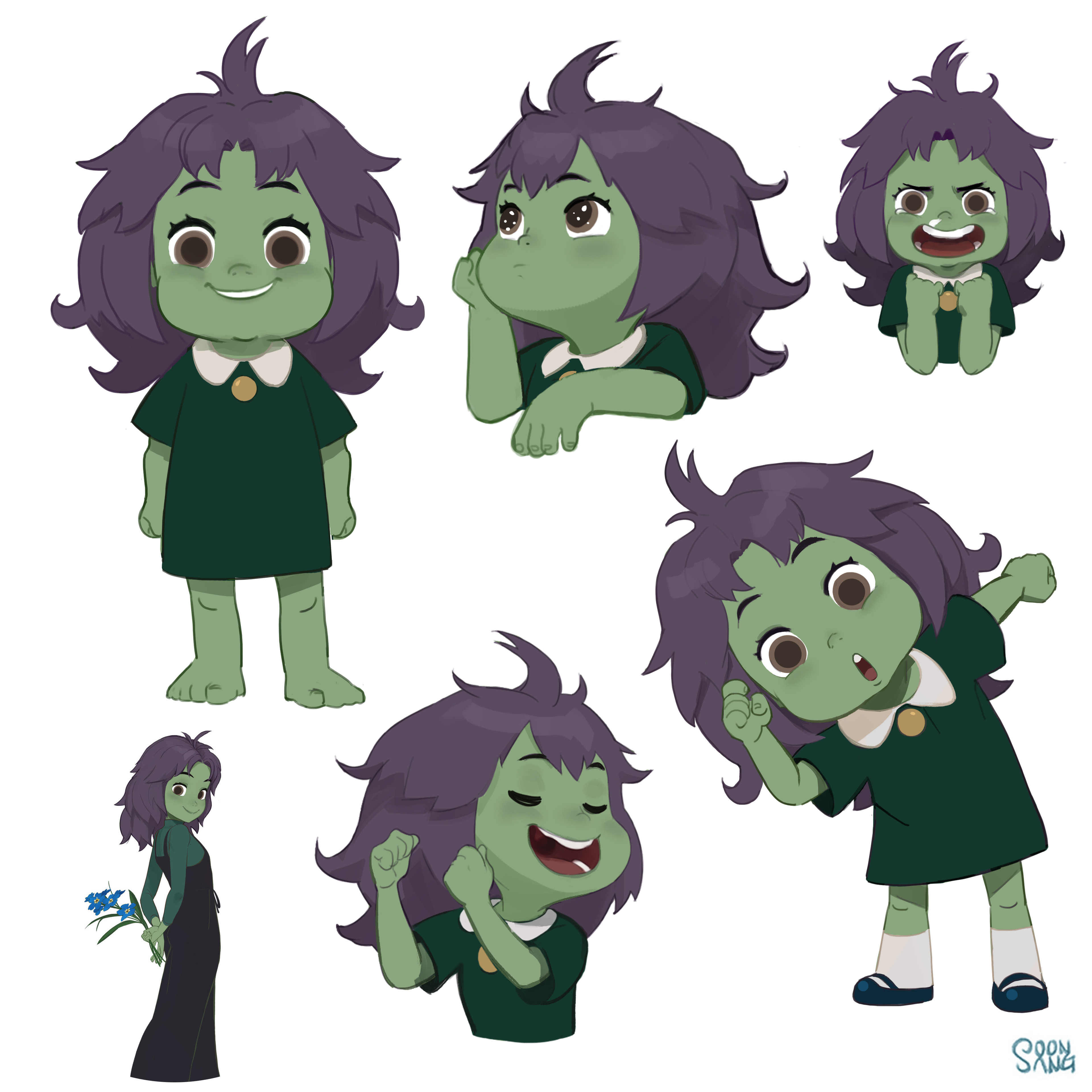 a character design sheet showcasing a young girl with green skin, large black eyes, and messy purple hair. she is depicted in a variety of playful poses and expressions. she wears a simple green dress with a white collar and is sometimes barefoot. the style is cute and cartoonish.