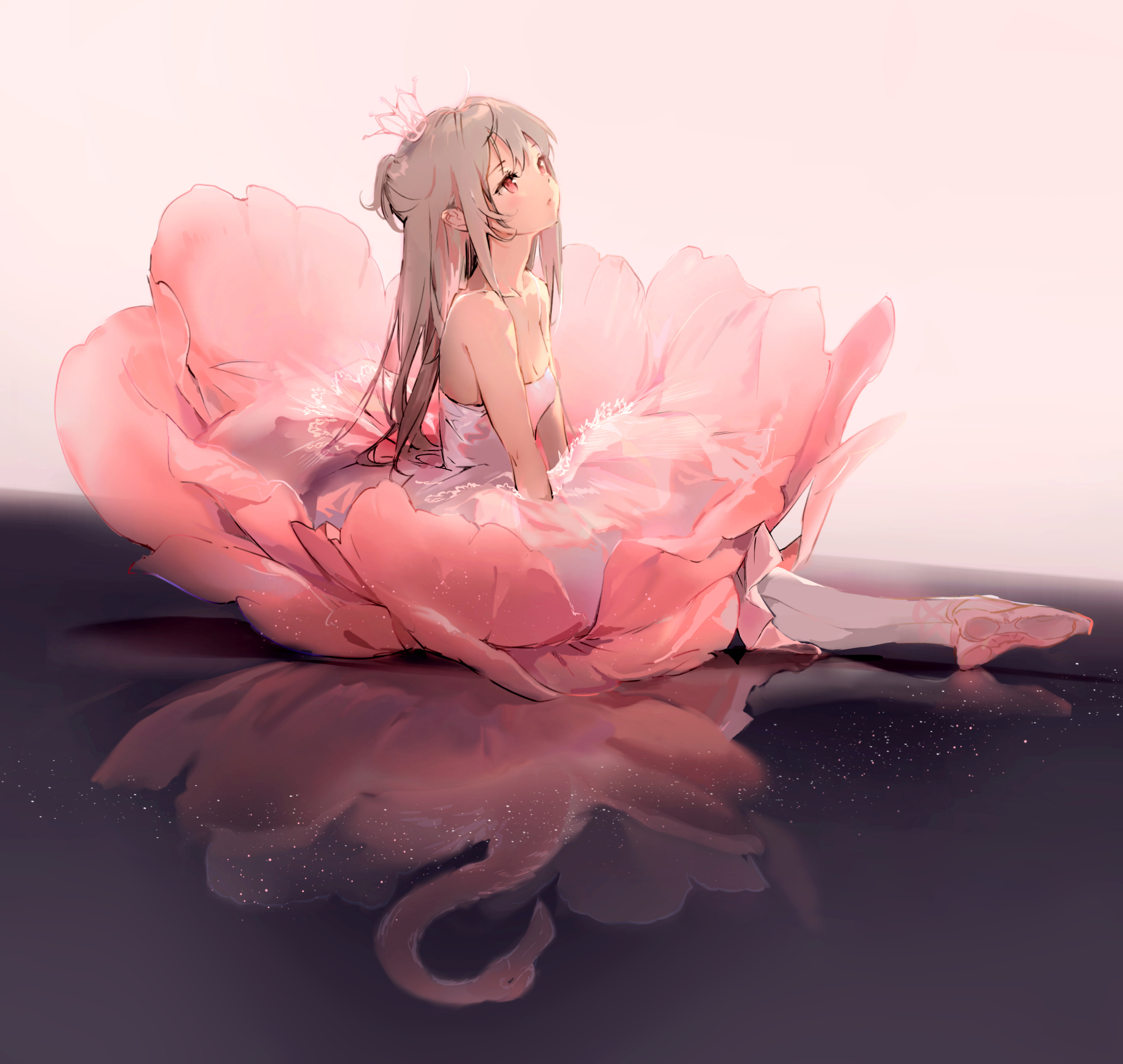 the image is a digital painting or illustration depicting a young animestyle girl, possibly a ballerina, sitting gracefully within a large, pink flower that resembles a peony.  she's wearing a light pink, tutulike dress and pointe shoes. her hair is long and light gray/blonde, and she wears a small crown.  the overall style is soft, dreamy, and ethereal. the girl’s pose and the flower create a sense of delicate beauty and serenity. the scene is reflected on a dark, still water surface below, enhancing the dreamlike atmosphere.