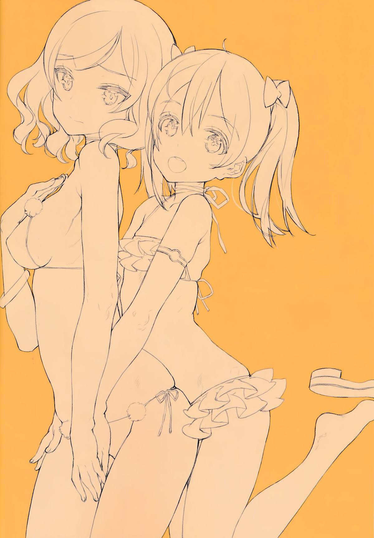 this artwork is a sketch or digital drawing of two animestyle girls, likely in a relationship, embracing each other. they both wear swimsuits, and the background is a light, pastel yellow. their poses and expressions are suggestive of a close and affectionate relationship, potentially romantic. the art style is clean and simple, with emphasis on lines and shading.