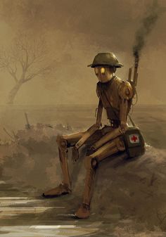 a lone, steampunk robot soldier sits dejectedly on the edge of a muddy battlefield.  his posture is slumped and his gaze is downcast, conveying a sense of weariness and despair. he wears a dented helmet and carries a medical kit on his back. the setting is desolate, with a muddy river in the foreground and a barren landscape stretching out behind him under a muted, overcast sky. the overall atmosphere is somber and reflective.