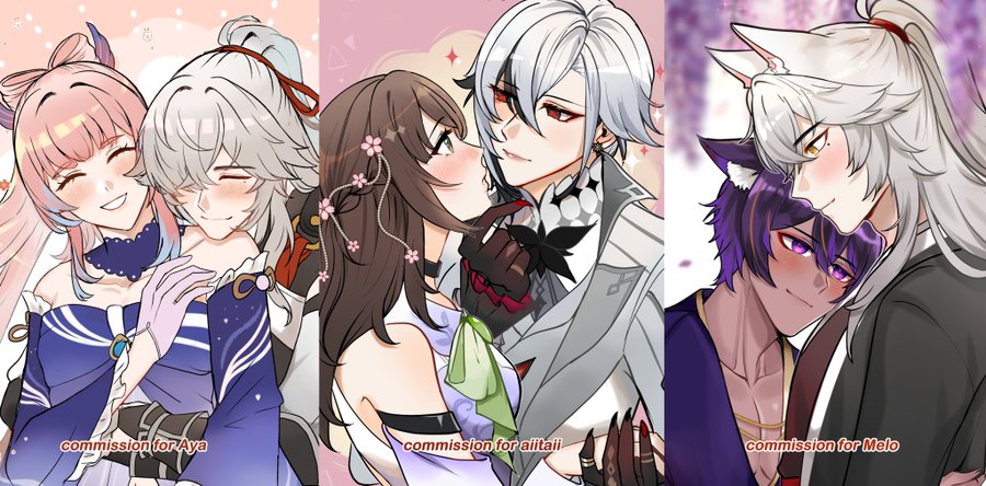 the image shows three different anime couples in romantic embraces. on the left, a girl with pink hair and blue eyes is smiling and holding a whitehaired boy with blue eyes. in the middle, a brownhaired girl with green eyes is looking at a whitehaired boy with red eyes. on the right, a purplehaired boy with brown skin and purple eyes is being hugged by a whitehaired boy with yellow eyes. all the couples are blushing and looking at each other with affection. the image is filled with soft colors and delicate details, creating a romantic and dreamy atmosphere.  the bottom of each image has the word "commission" and the name of the person who requested the image.