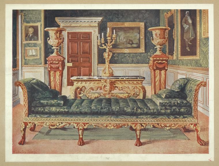 watercolor painting of a lavish interior design room, featuring ornate furniture. a long lounge is centrally positioned, upholstered in a dark green material with a tufted pattern, set on a gold frame with decorative legs. in the background, decorative paintings hang on the wall, flanking a closed door. a golden table with a dark top sits behind the lounge, adorned with a candelabra. the walls are covered with patterned wallpaper and there are decorative pieces on top of pedestals. the style suggests a historical or luxurious setting.