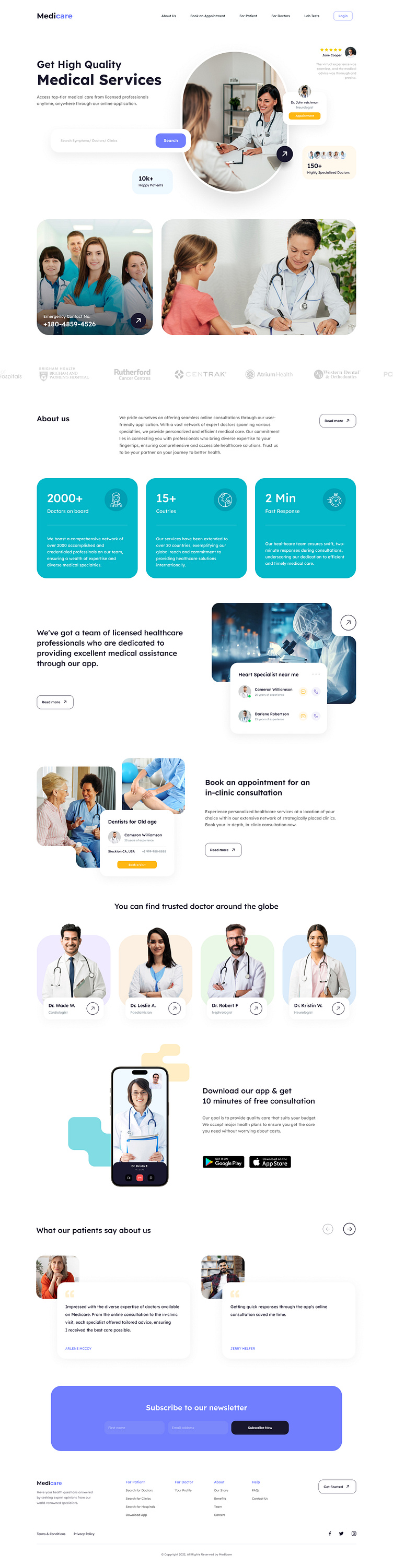 the image is a website landing page for a medical service. the page is white with blue and green accents and features pictures of doctors and patients. the top of the page has a banner that reads "get high quality medical services". below the banner, there are sections for the website with titles like "about us", "what our patients say about us", "download our app & get 10% discount on first consultation".  the page is designed to be informative and userfriendly, with a clear call to action.