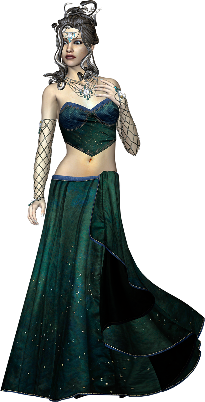 a digital art image depicts a woman dressed as medusa, the mythical greek gorgon. she is attired in a dark green dress, the bodice being a darker, textured fabric, and the flowing skirt adorned with subtle patterns and a blue trim. her skin has a slightly pale, almost otherworldly tone. instead of hair, she has snakes coiled around her head, some of which are white. she wears elaborate jewelry, including a headpiece, necklaces, and bracelets. her expression is neutral, with slightly parted lips. the background is a solid black, focusing the viewer's attention on the character.