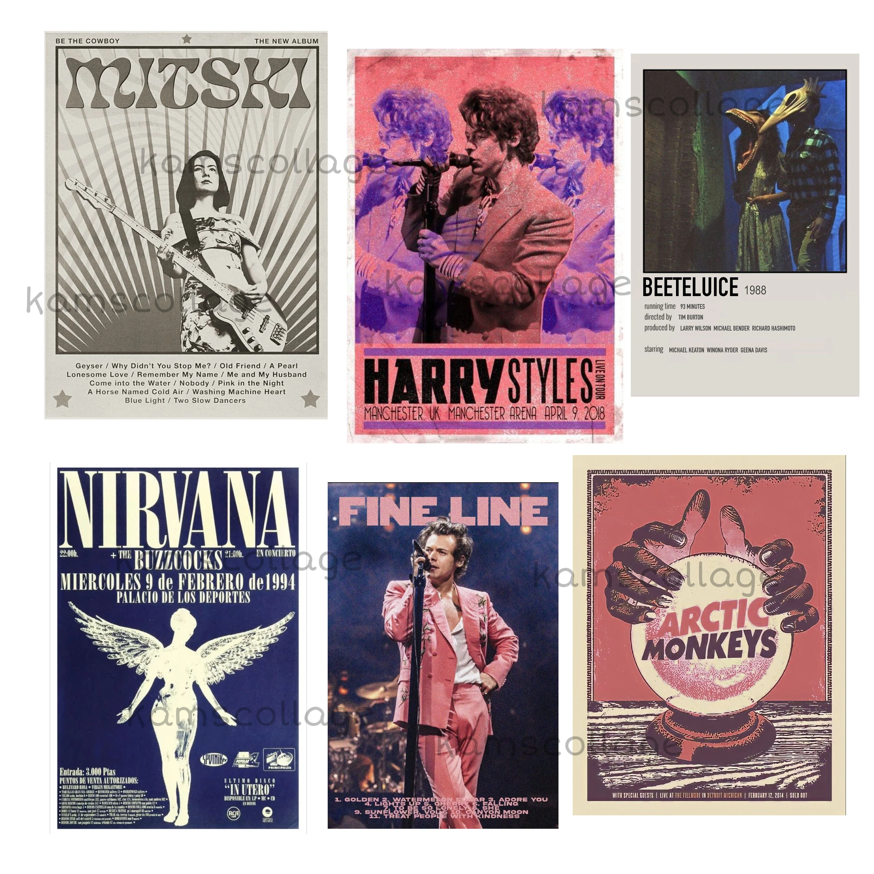 the image is a collage of six concert posters and one movie poster. the concert posters feature mitski, harry styles (x2), nirvana, and arctic monkeys. the movie poster is for the 1988 film beetlejuice.