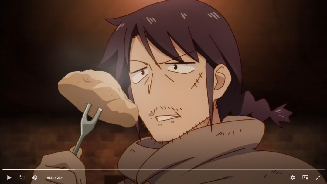 this is a still from an anime, featuring a male character with brown hair and eyes. he is dressed in brown clothing and has a beard and scars on his face. he is holding a fork with a piece of food on it, and he appears surprised. the background of the image is a blurry brown.