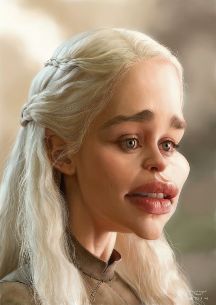 a caricature of daenerys targaryen from game of thrones, showcasing exaggerated facial features with her signature blonde hair styled with a braid. the artwork is a digital portrait with a fantasy art style.