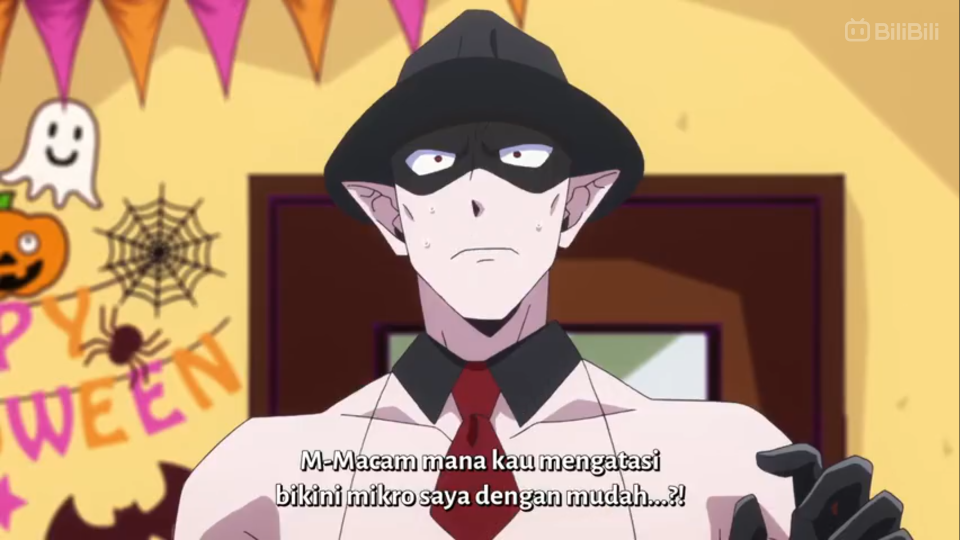 an anime screenshot of a surprised male vampire with pale skin, black hair, red eyes, and pointy ears, dressed in a costume for a halloween party. he's wearing a black fedora, black eye mask, white open shirt, red tie, and black gloves. he's standing in front of a decorated wall with halloweenthemed cutouts, including a ghost, a pumpkin, and a spider web. he's sweating and appears flustered as he speaks in a speech bubble.```