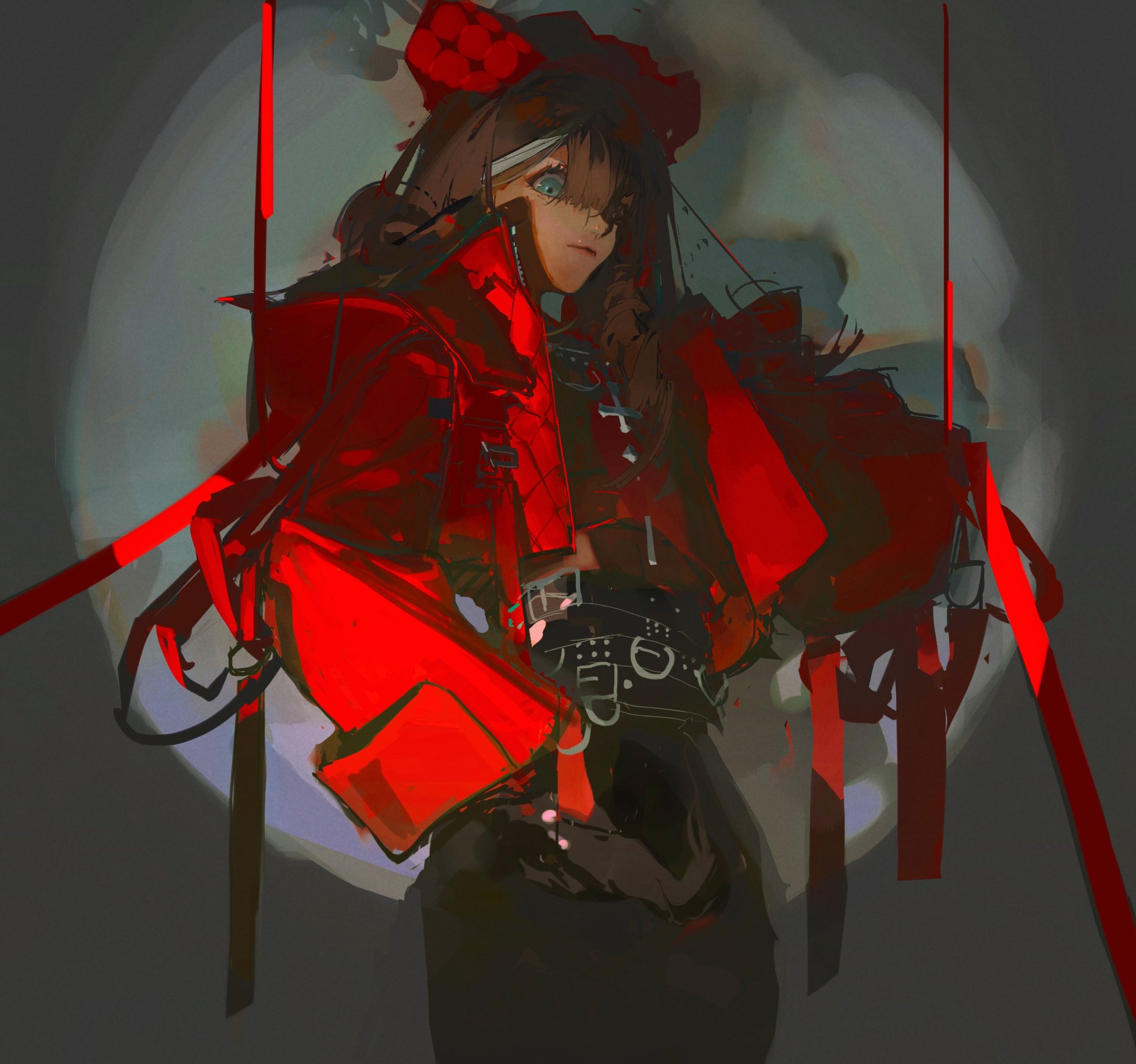 a digital illustration of a girl in an anime style, wearing a red jacket and black pants. she has a black belt with silver buckles, a red bow in her hair, and white and blue eyes.  the background is a blurry, white and red, with a black ribbon and bow trailing from the top. the image is in a dark, futuristic style, with bright, bold colors.