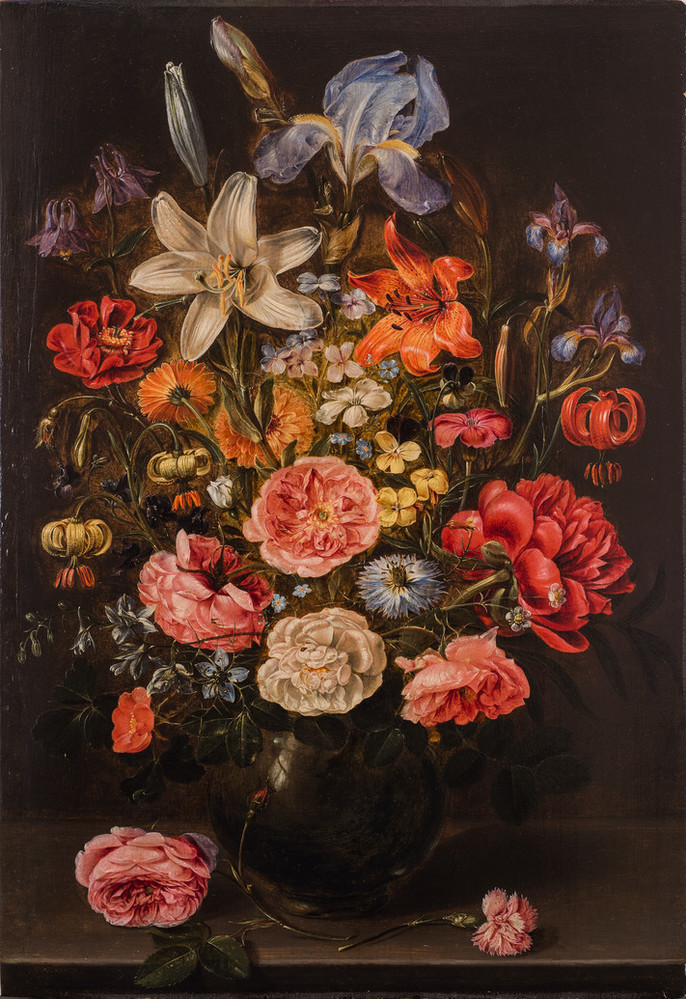 the image is an oil painting depicting a still life of a vibrant bouquet of flowers in a dark vase. the flowers include various types of roses (pink, red, and white), lilies (white and orange), irises (blue and purple), tulips, peonies, carnations, and other smaller blossoms.  the arrangement is dense and lush, with a variety of colors and textures. the background is dark and neutral, allowing the flowers to stand out prominently. the style of painting is reminiscent of baroque still lifes, common in 17thcentury dutch and flemish art. the dark background and rich colors create a dramatic and luxurious feel. a single pink rose lies on the table next to the vase, adding a touch of asymmetry. the vase itself is dark and simple, drawing attention to the beauty of the flowers.